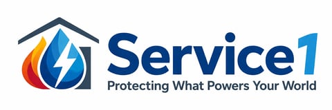 Service1 logo featuring a house icon with lightning bolt and flame, tagline Protecting What Powers Your World