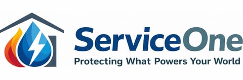 ServiceOne logo featuring a house outline with flame and lightning bolt symbol and tagline Protecting What Powers Your World